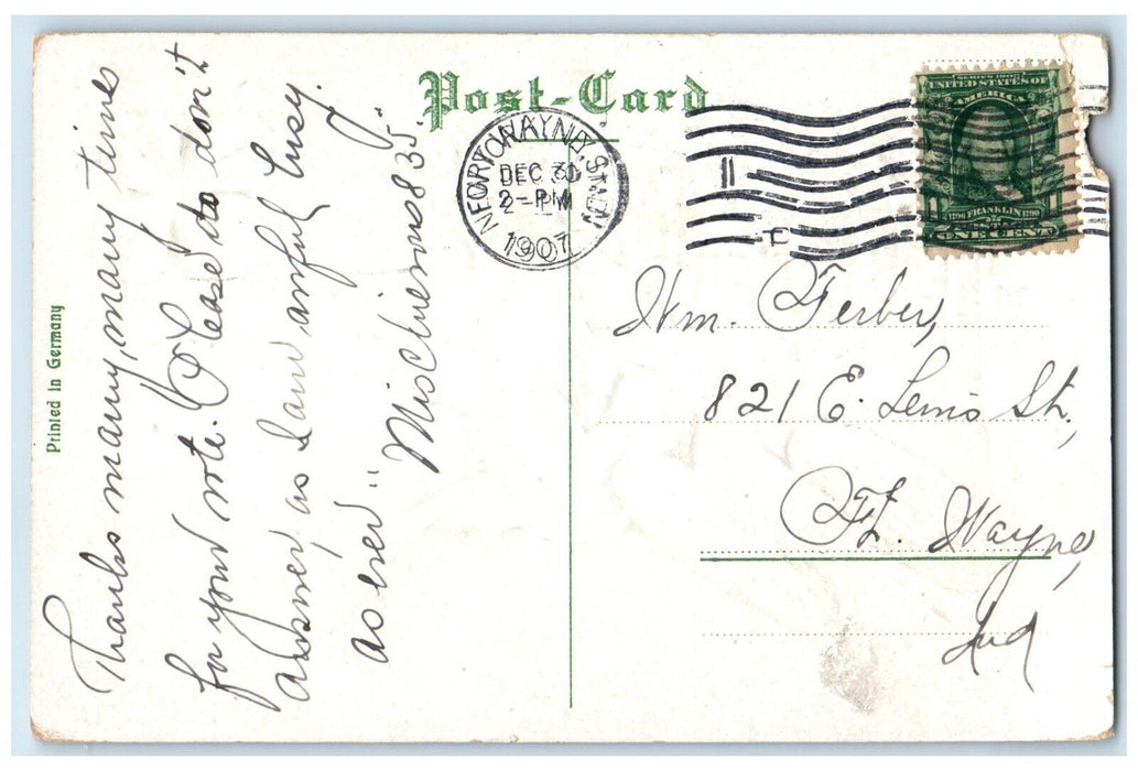 1908 Happy New Year Birds Shamrock Embossed Fort Wayne IN Embossed Postcard