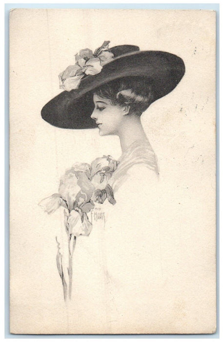 1914 Pretty Woman Big Hat Curly Hair Flowers Big Rapids Michigan MI Postcard