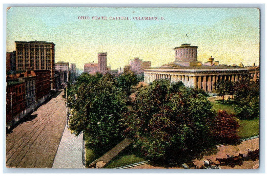 Bird's Eye View Of Ohio State Capitol Building Columbus OH Street Trees Postcard