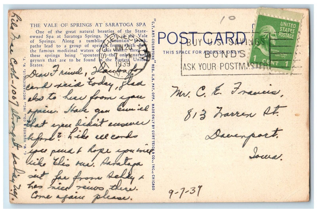 1939 Island Spouter Vale Springs Spa View Saratoga Springs New York NY Postcard