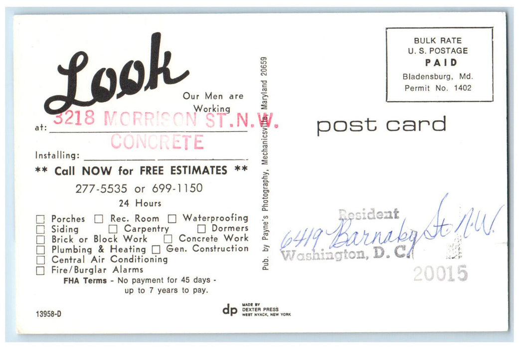c1960's Grant Construction Corporation Bladensburg MD Advertising Postcard