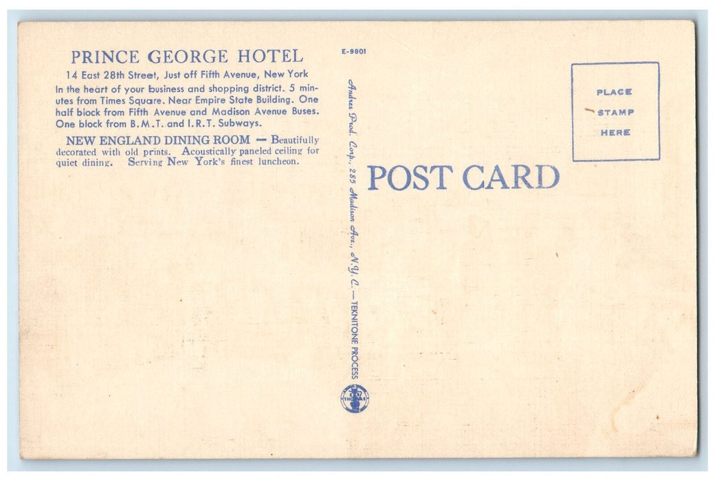 c1950's Prince George Hotel Restaurant Dining Fifth Avenue New York NY Postcard