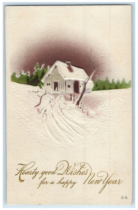 1914 Happy New Year House Covered Snow House Embossed Kiel Wisconsin WI Postcard