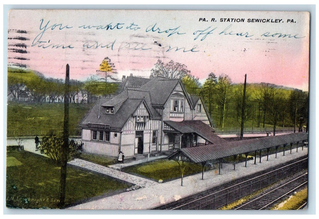 1910 Pennsylvania Railroad Shed Building Depot Two Kids Sewickley PA Postcard