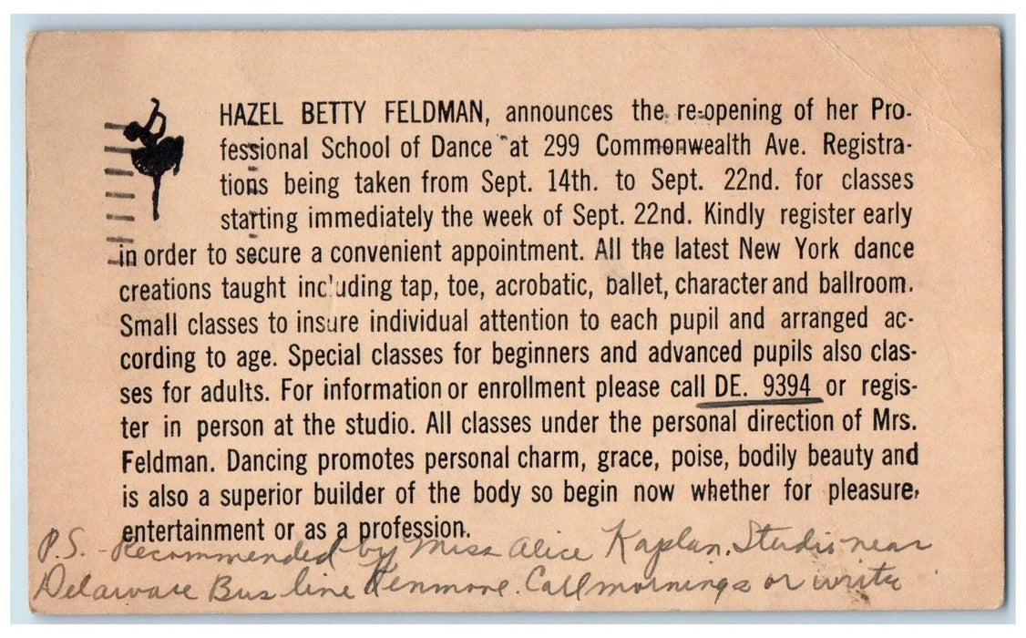 1942 Dance School Tap Toe Acrobatic Ballet Buffalo NY Advertising Postcard