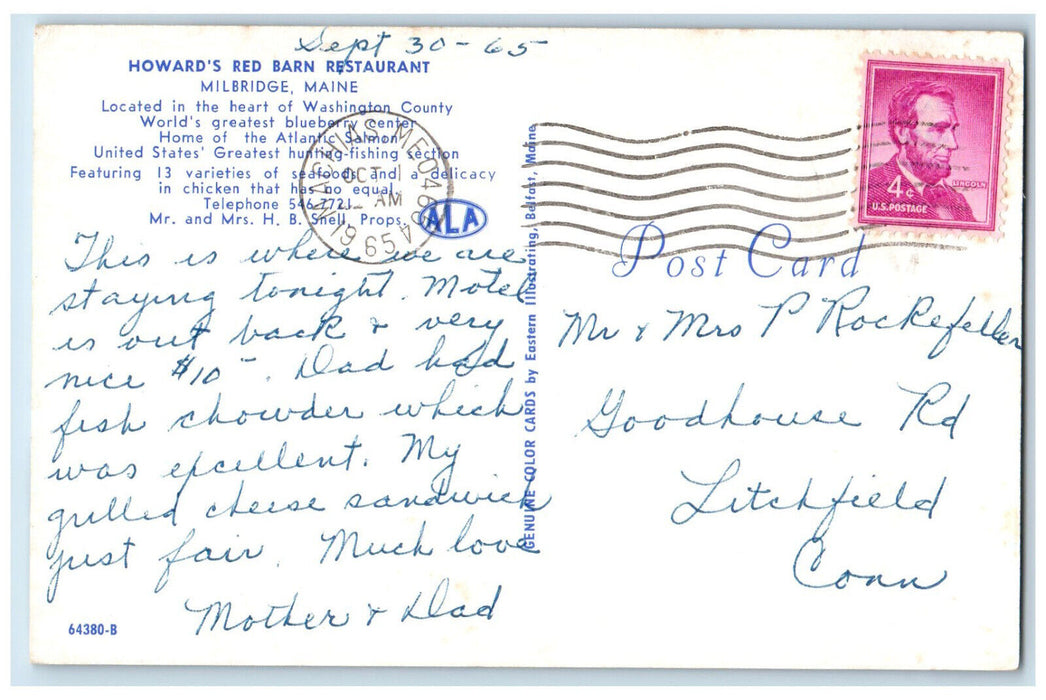 1965 Howard's Red Barn Restaurant Milbridge Maine ME Vintage Postcard