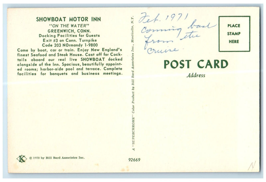c1950 Showboat Motor Inn Docking Facilities Restaurant Greenwich CT Postcard