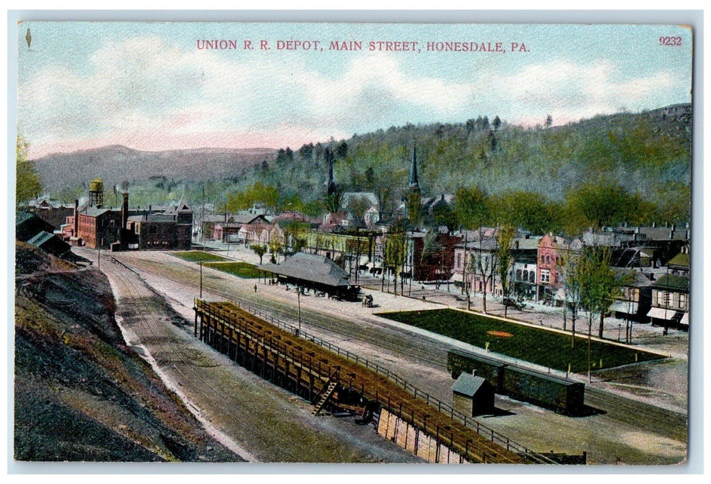 1908 Union RR Depot Main Street Train Railroad Buildings Honesdale PA Postcard