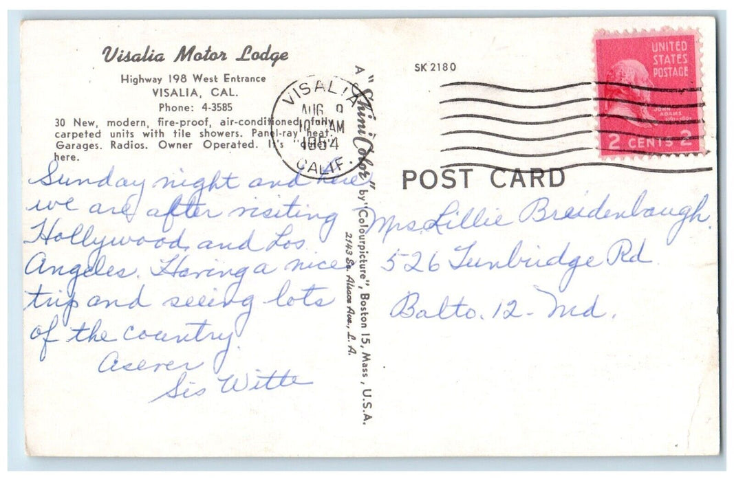 1954 Visalia Motor Lodge Gateway Sequoia National Park California CA Postcard