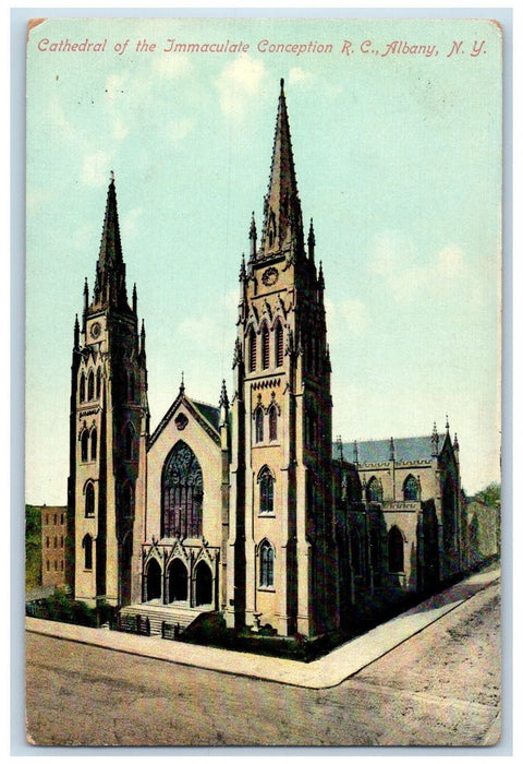 c1950 Cathedral Of Immaculate Conception Roman Catholic Tower Albany NY Postcard