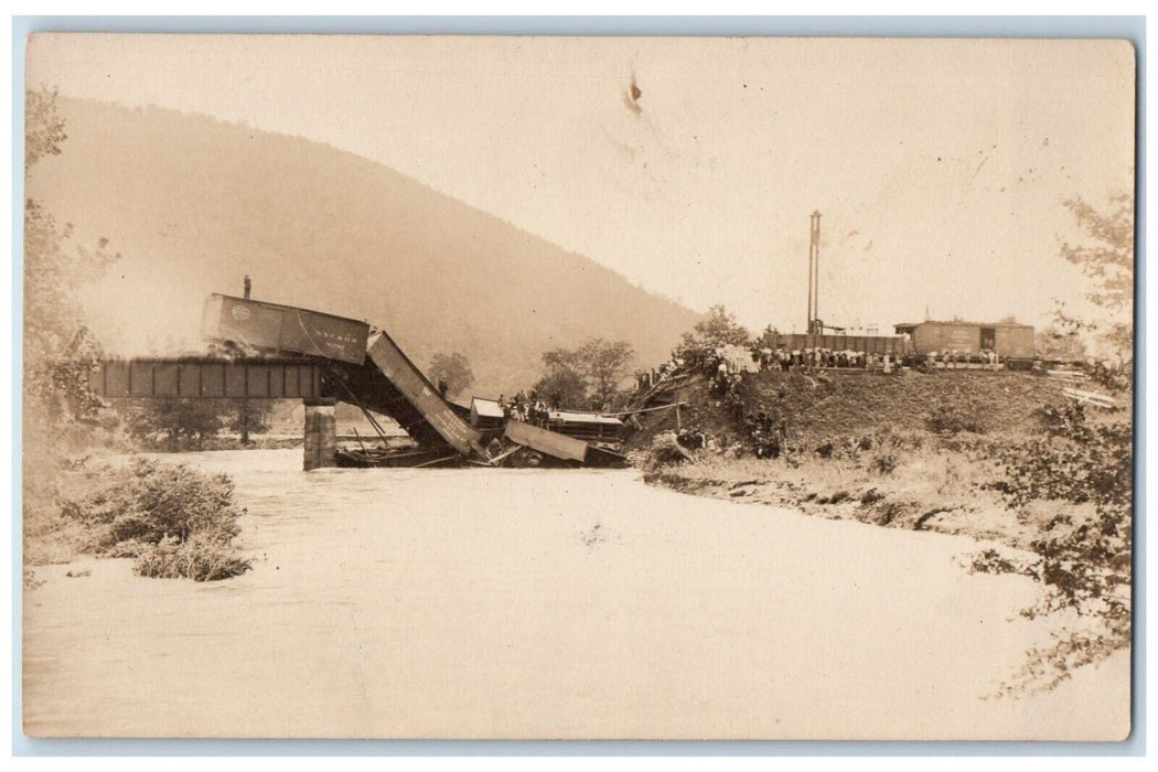 BR & P Railroad Locomotive Bridge Collapse Buffalo NY RPPC Photo Postcard