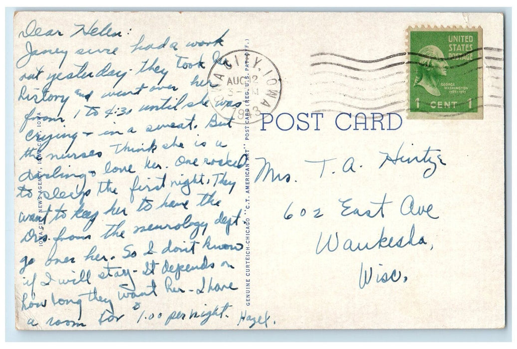 1943 Airview University Hospital Building Circle Road Iowa City Iowa IA Postcard