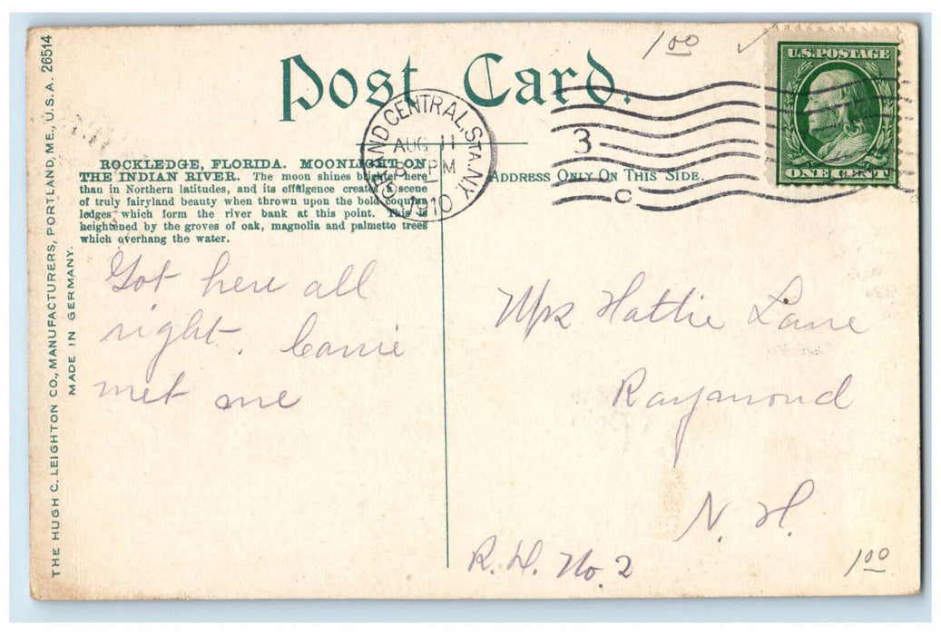 1910 Steamer Moonlight Indian River Rockledge Florida FL Posted Postcard