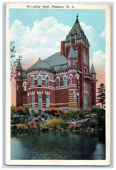 c1950 City Hall Building Facade Tower Pond Lake Passaic New Jersey NJ Postcard