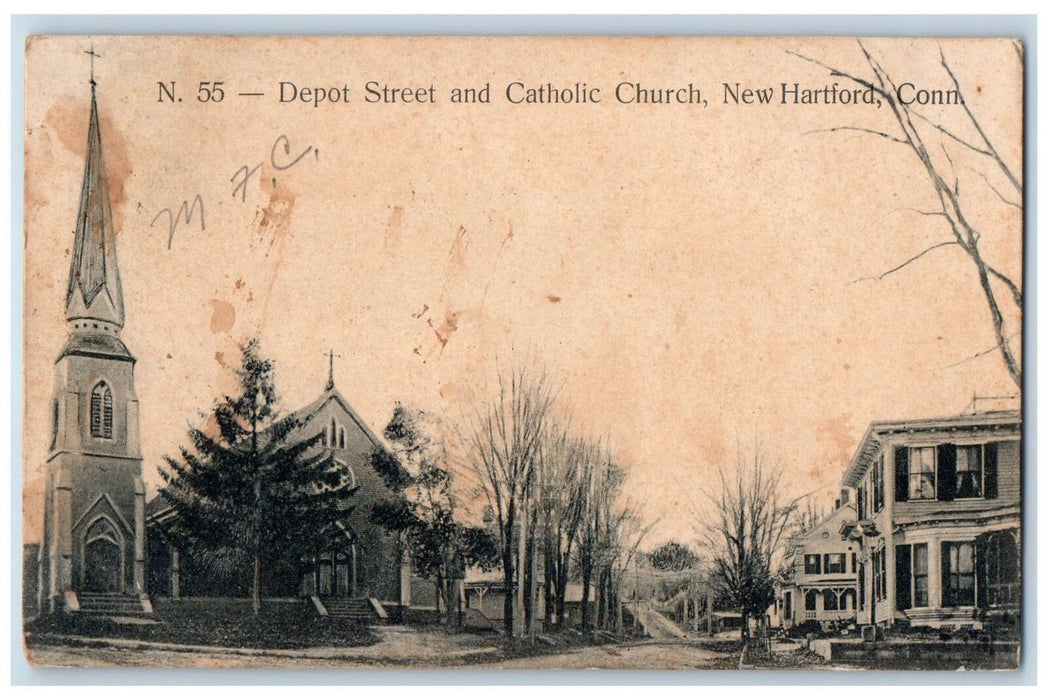 1906 Depot Street Catholic Church Dirty Road Tree New Hartford Conn. CT Postcard