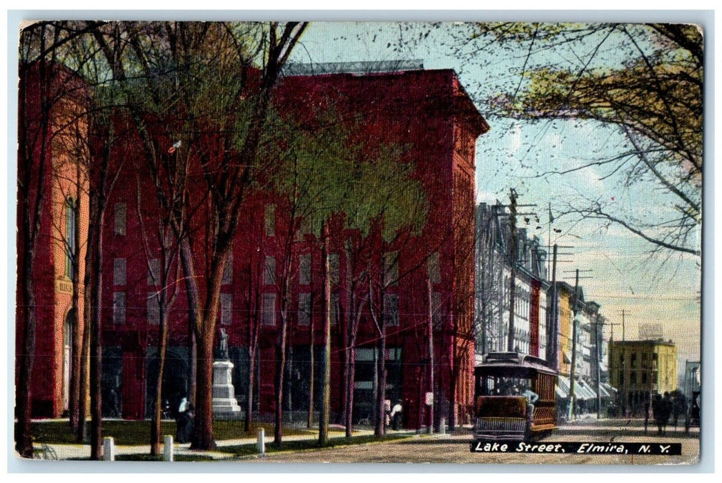 1917 Lake Street Streetcar Trolley Statue Monument Road Elmira New York Postcard