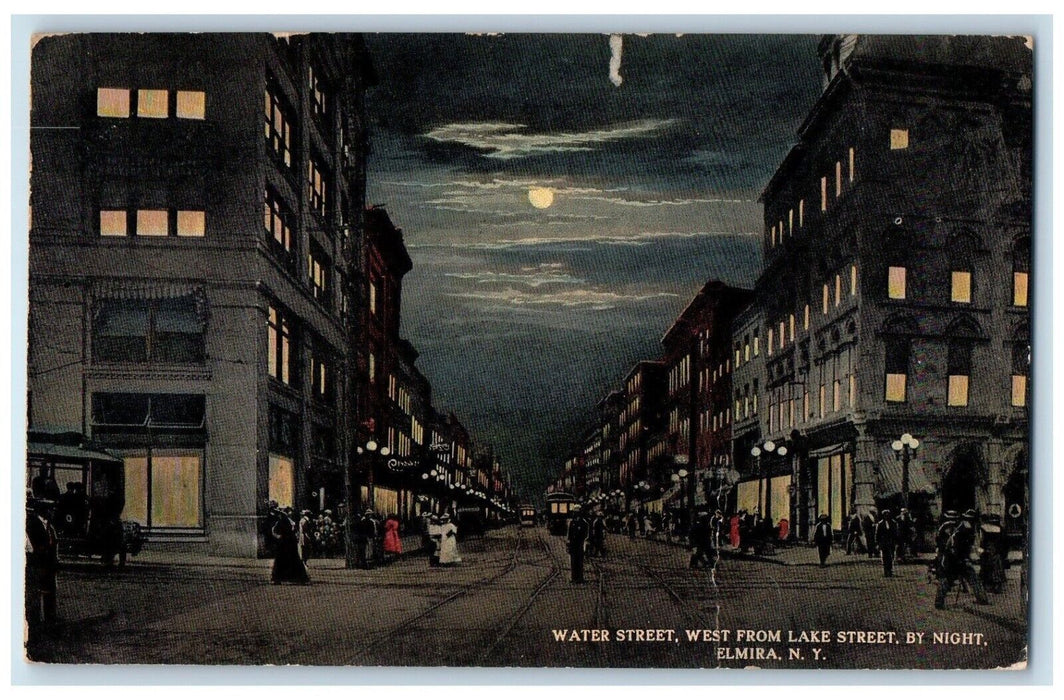 1910 Water Street West From Lake Street Streetcar Night Elmira New York Postcard