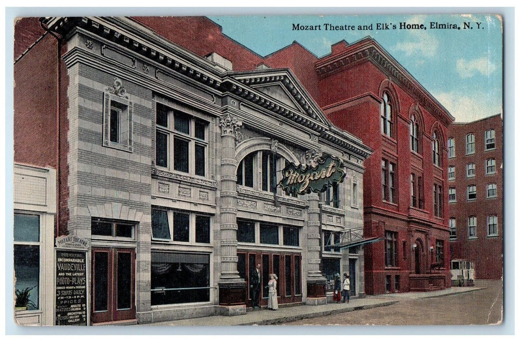1915 Mozart Theatre Elk Home Building Exterior Street Elmira New York Postcard