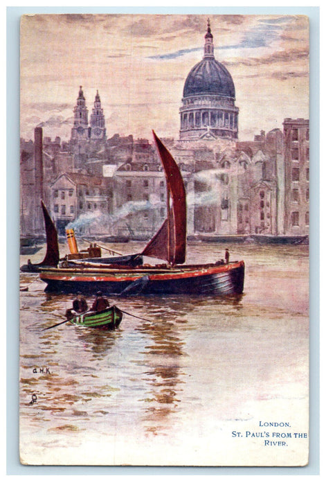 c1910 SailBoat Scene St. Paul's From The River London Oilette Tuck Art Postcard