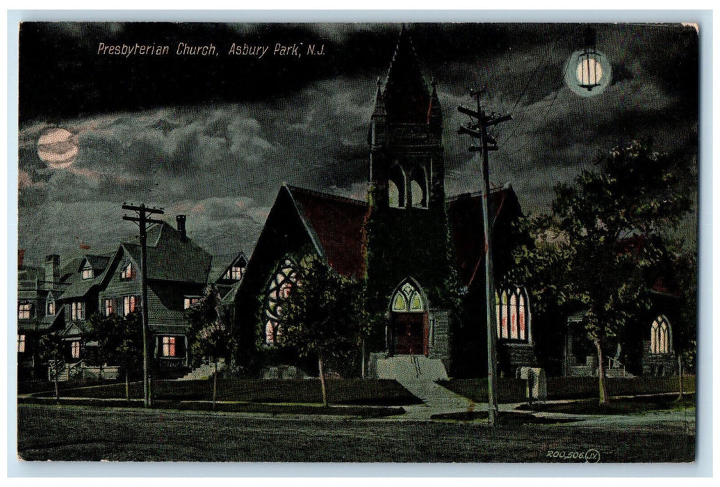 Presbyterian Church Moon Night Scene Asbury Park New Jersey NJ Antique Postcard