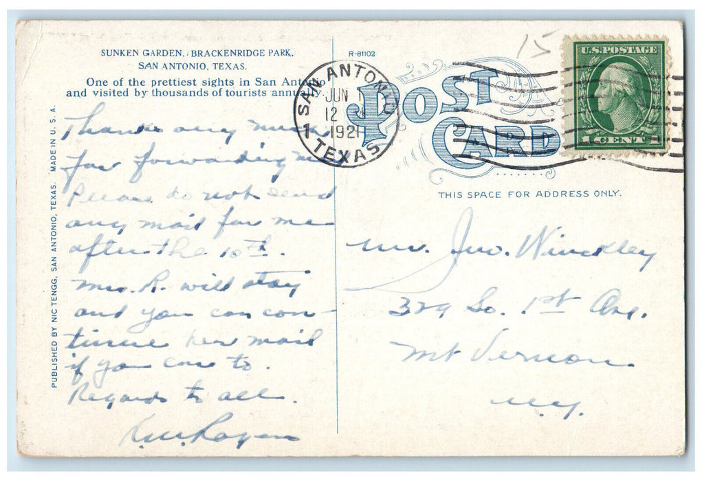 1921 Sunken Garden Brackenridge Park San Antonio Texas TX Vintage Postcard