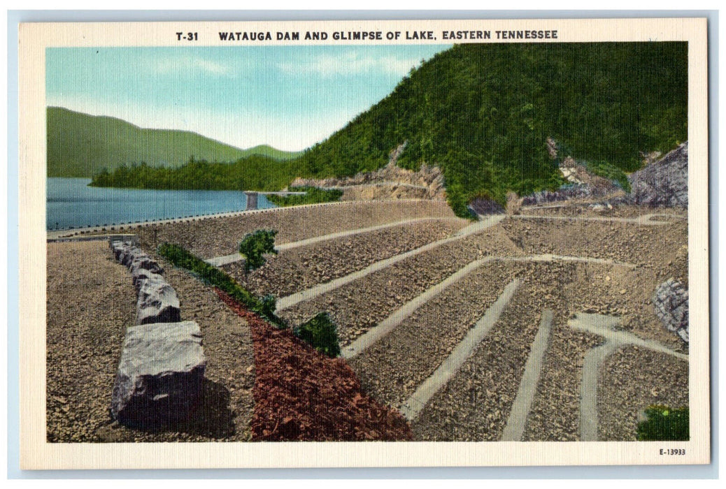 c1930's Watauga Dam and Glimpse of Lake Eastern Tennessee TN Vintage Postcard