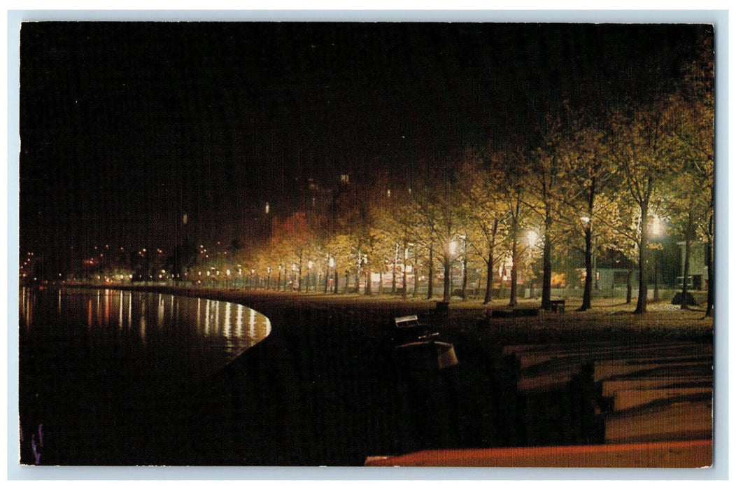 1971 Okanagan Lake Beach Night Scene Penticton BC Canada Vintage Postcard