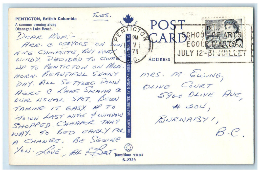 1971 Okanagan Lake Beach Night Scene Penticton BC Canada Vintage Postcard
