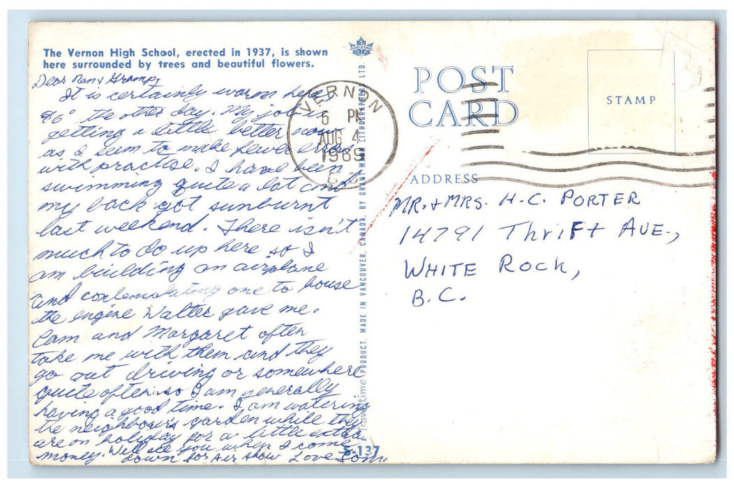 1969 The Vernon High School Vernon British Columbia Canada Vintage Postcard