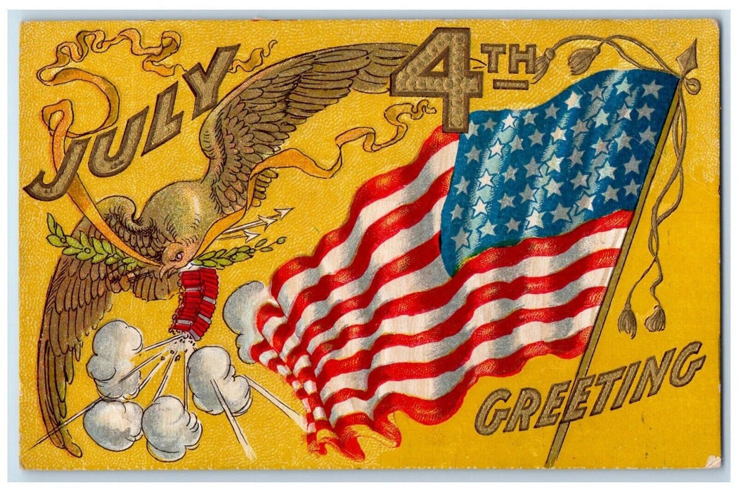 c1910's Fourth Of July Greetings Eagle Bell Flags Firecrackers Embossed Postcard