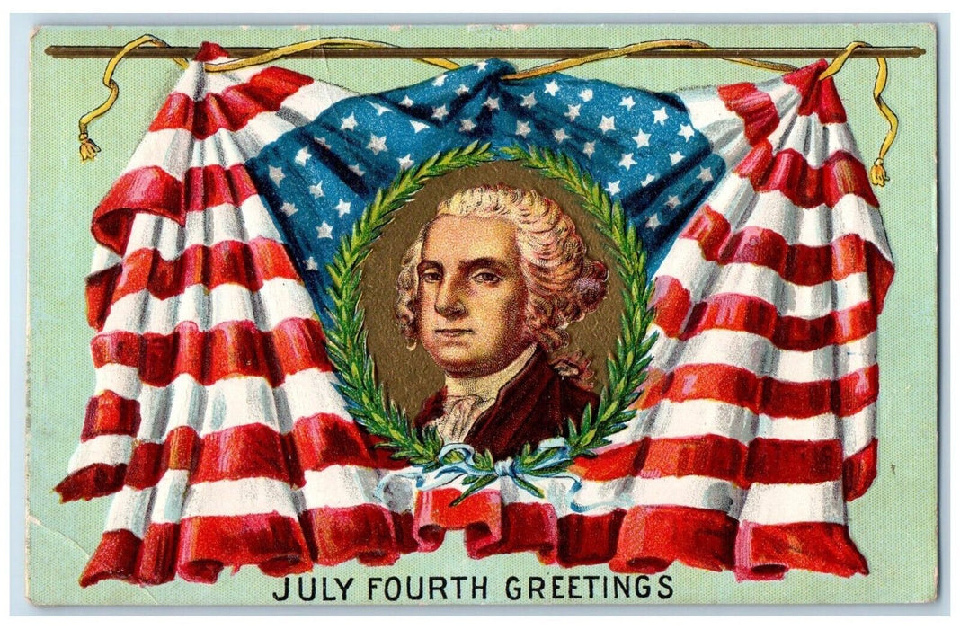 c1910's Fourth Of July Greetings George Washington Flag Embossed Postcard