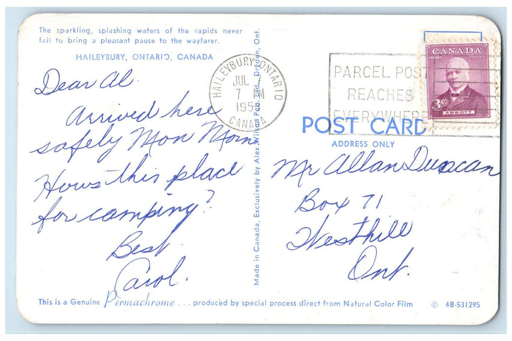 1953 The Sparkling Splashing Waters Haileybury Ontario Canada Postcard