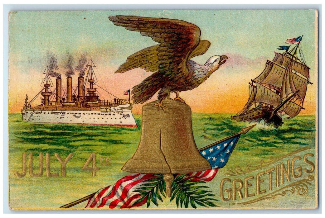 1908 Fourth Of July Greetings Eagle Bell Flags Sinking Schooner Boat Postcard