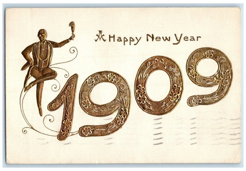 1909 New Year Man Statue Champagne Milwaukee Wisconsin WI Embossed Postcard