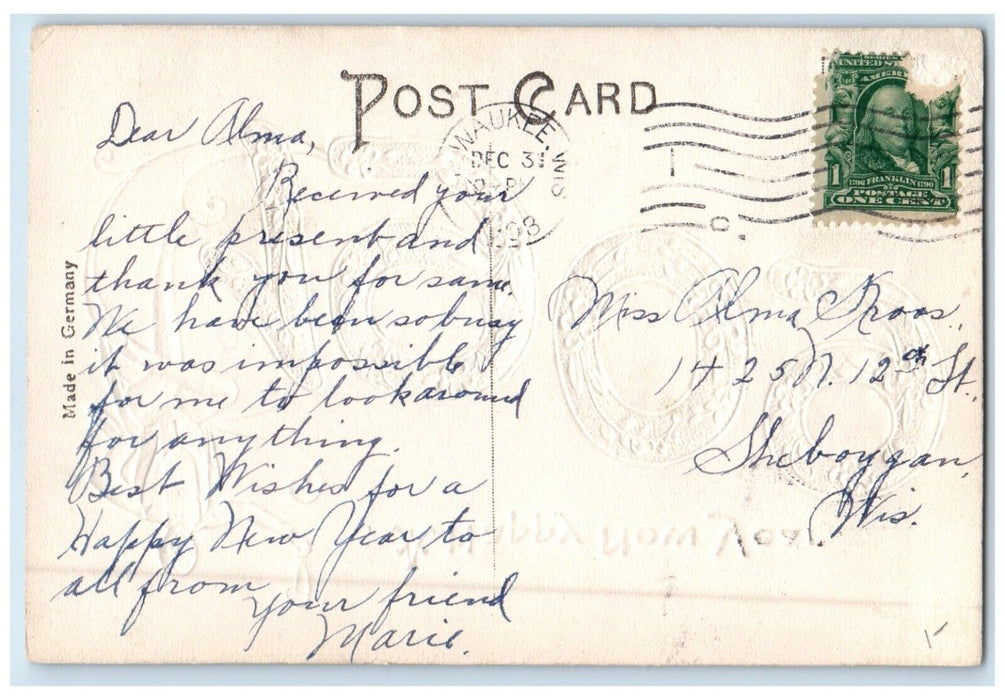 1909 New Year Man Statue Champagne Milwaukee Wisconsin WI Embossed Postcard