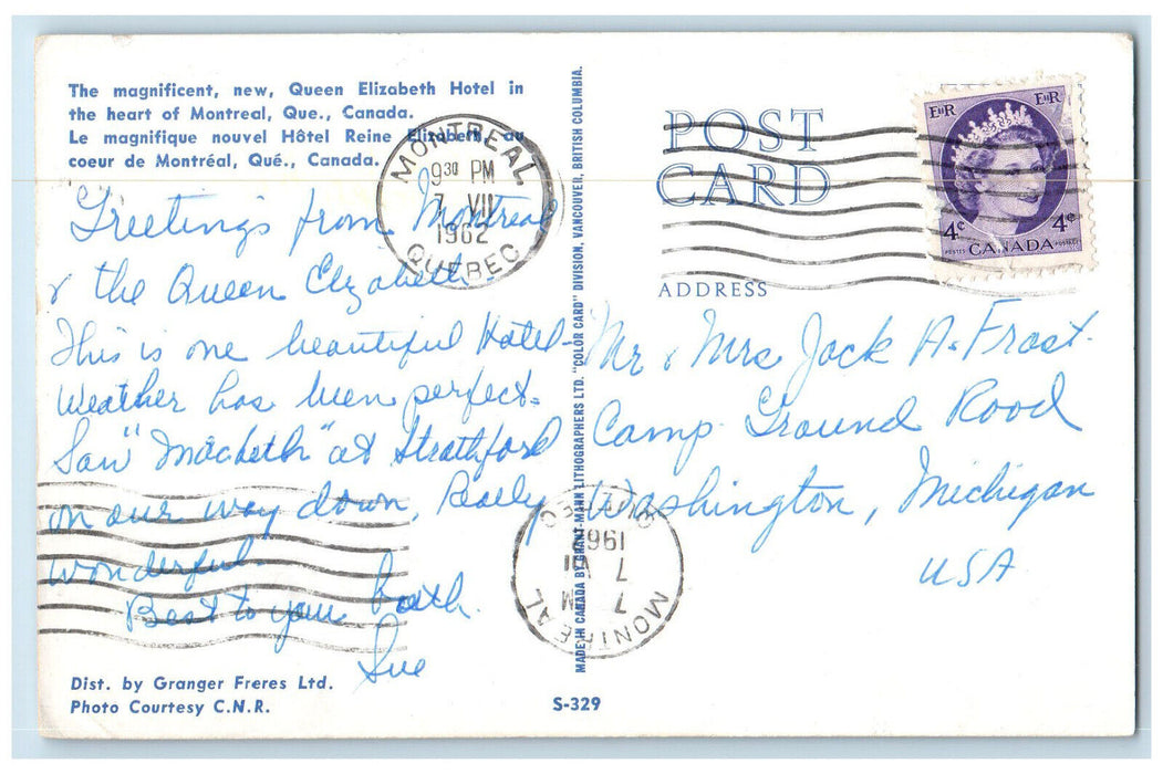 1962 Queen Elizabeth Hotel Montreal Quebec Canada Vintage Posted Postcard