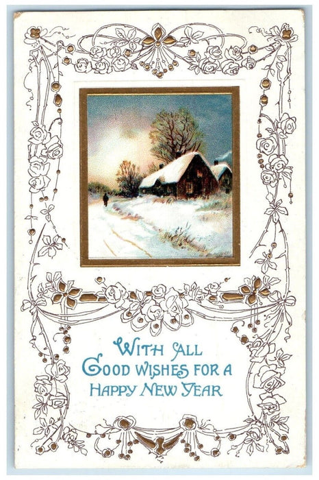 1913 New Year House Winter Flowers Embossed Winchester New Hampshire NH Postcard