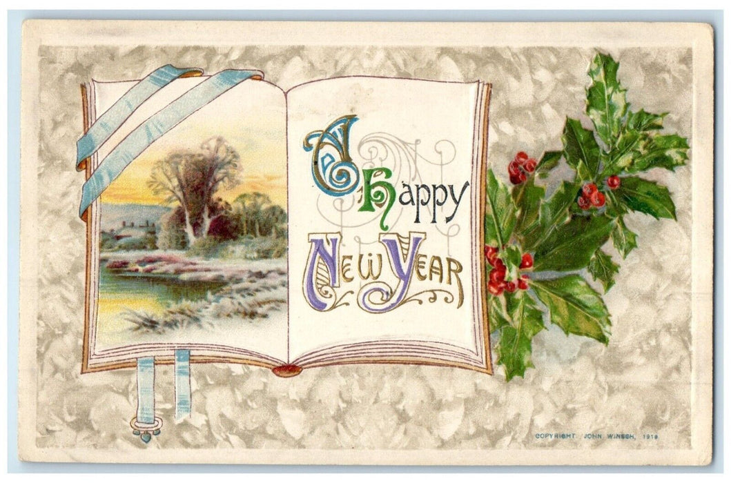c1910's Happy New Year Book Holly Berries John Winsch Artist Signed Postcard