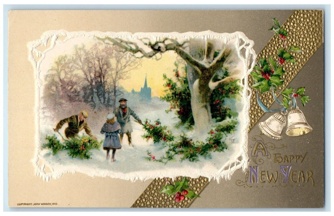 c1910's Happy New Year Holly Berries Ringing Bells John Winch Embossed Postcard