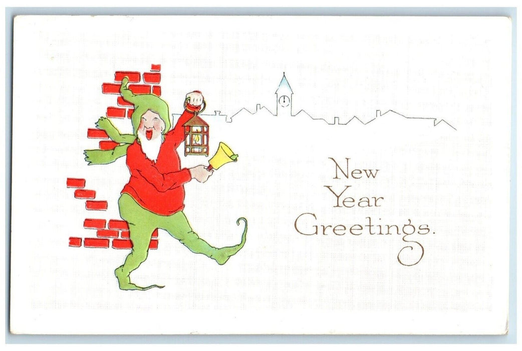 1915 New Year Greetings Elf Gnome Holding Lantern Bell Ludington MI Postcard