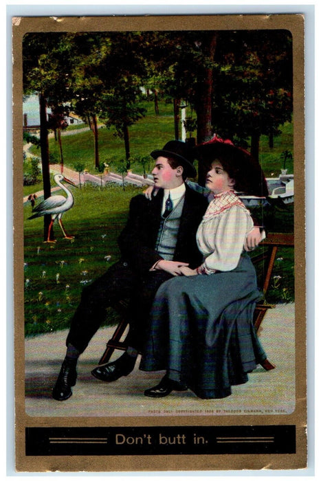 c1910's Sweet Couple Romance Sat On Bench Stork Unposted Antique Postcard