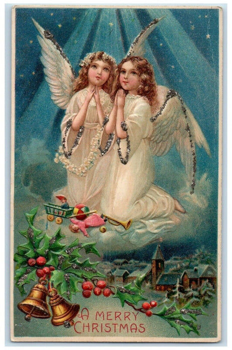 c1910's Christmas Angels Praying Holly Berries Ringing Bells Embossed Postcard