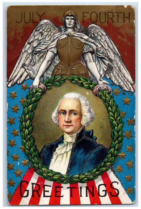 c1910's Fourth Of July Greetings George Washington Stars Embossed Postcard