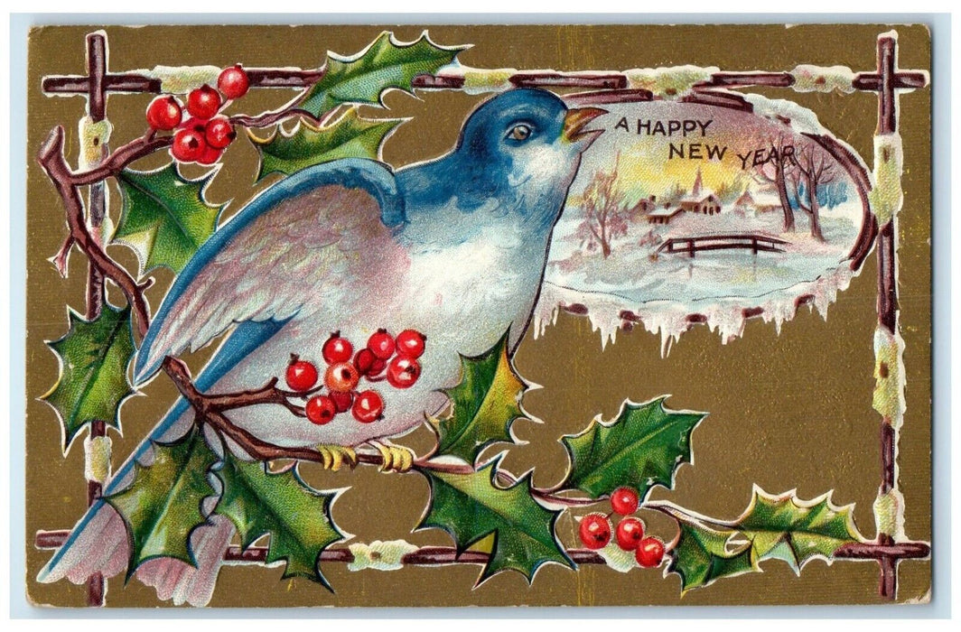 1910 Happy New Year Song Bird Holly Berries Embossed Dayton IN Nash Postcard