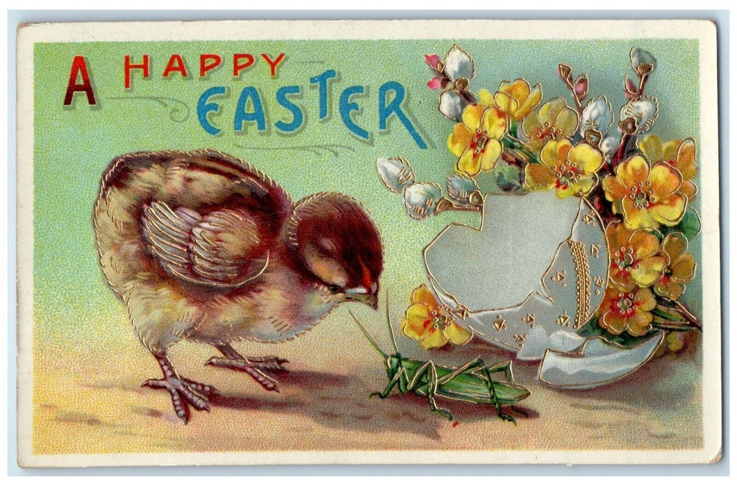 1916 Easter Chick Hatched Egg Flowers Pipe Berry Gel Gold Gilt Embossed Postcard