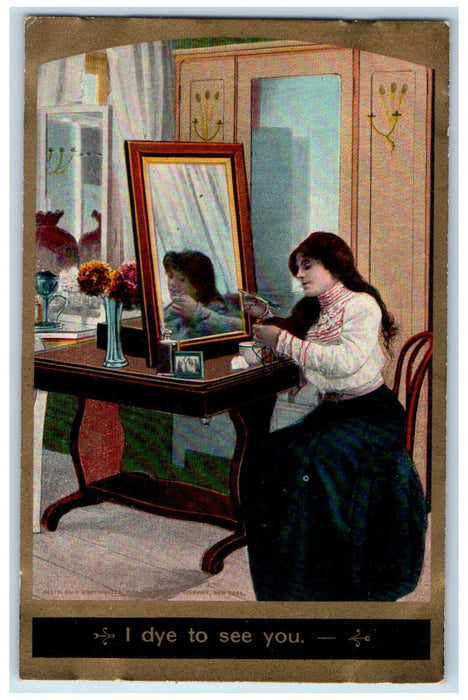 c1910's Pretty Woman Mirror Flower Vase I Dye To See You Antique Postcard