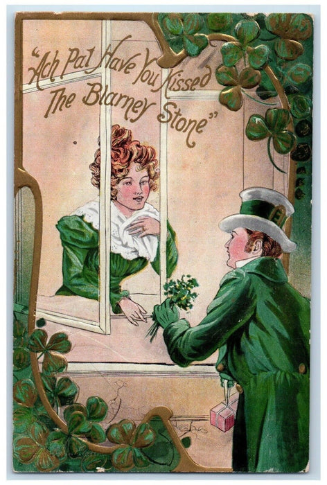 c1910's St. Patrick's Day Man Giving Flowers Gift On Window Shamrock Postcard