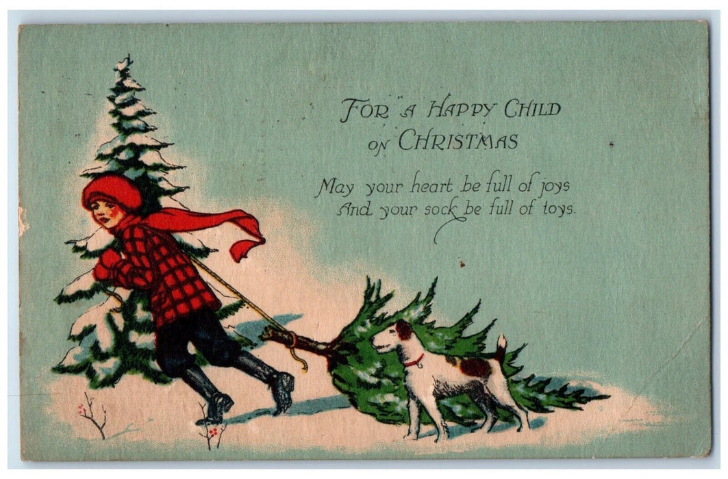 1921 Christmas Boy Pulling Pine Tree Winter Dog Souderton PA Antique Postcard