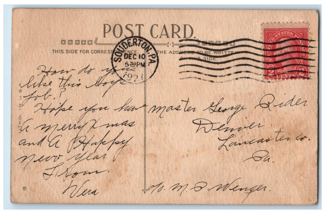 1921 Christmas Boy Pulling Pine Tree Winter Dog Souderton PA Antique Postcard