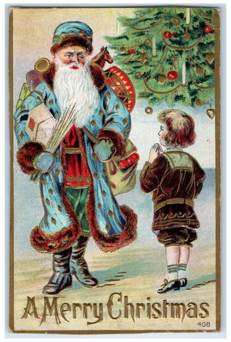 1908 Christmas Blue Robe Santa Claus Sack Of Toys Embossed Hammond IN Postcard